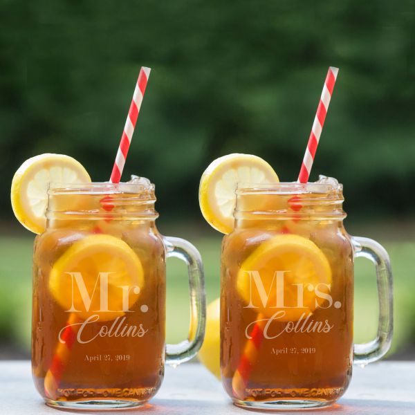 Personalized mason jar mugs for bride and groom