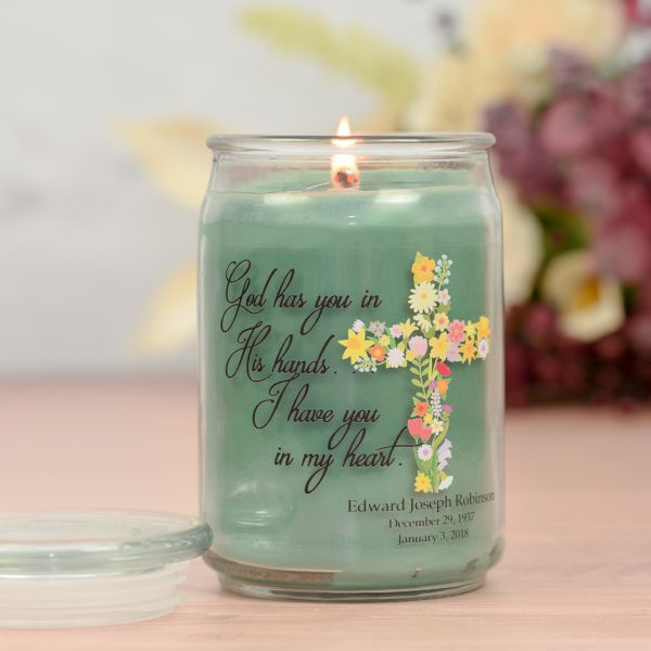 In God's Hands Personalized memorial Candle
